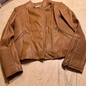Calvin Klein Tan Leather Jacket with Gold Zippers